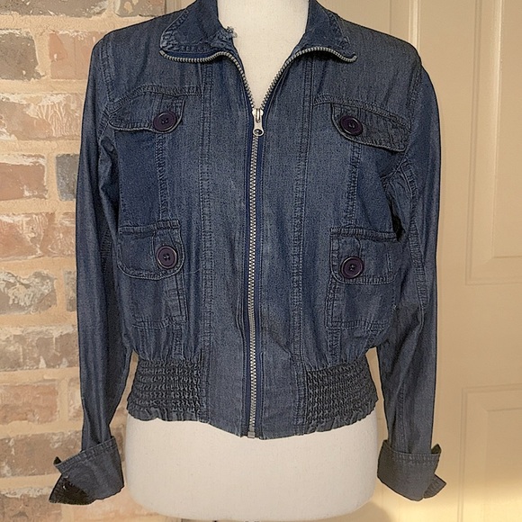 Voice NYC Chambray Denim Zip Jacket Multi Pockets Smocked Fit Waist Button Cuffs - Picture 9 of 16